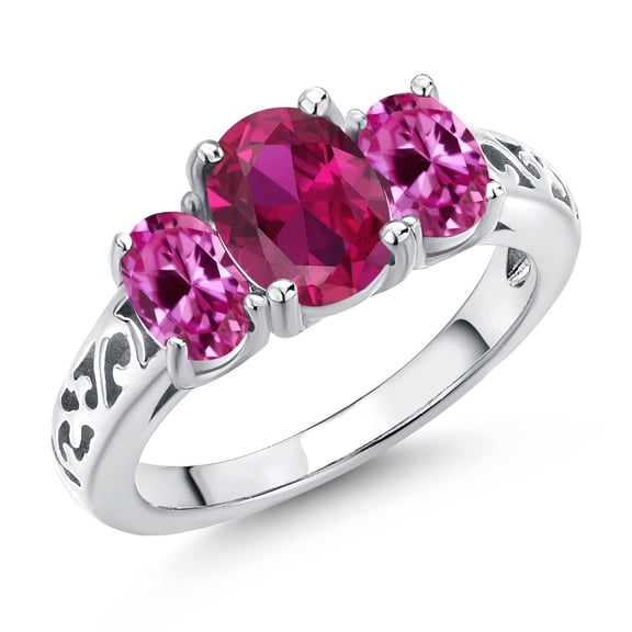 Gem Stone King 925 Sterling Silver Red Created Ruby and Pink Created Sapphire Filigree Style 3 Stone Ring for Women (2.35 Cttw, Oval 8X6MM and 6X4MM, Size 7)