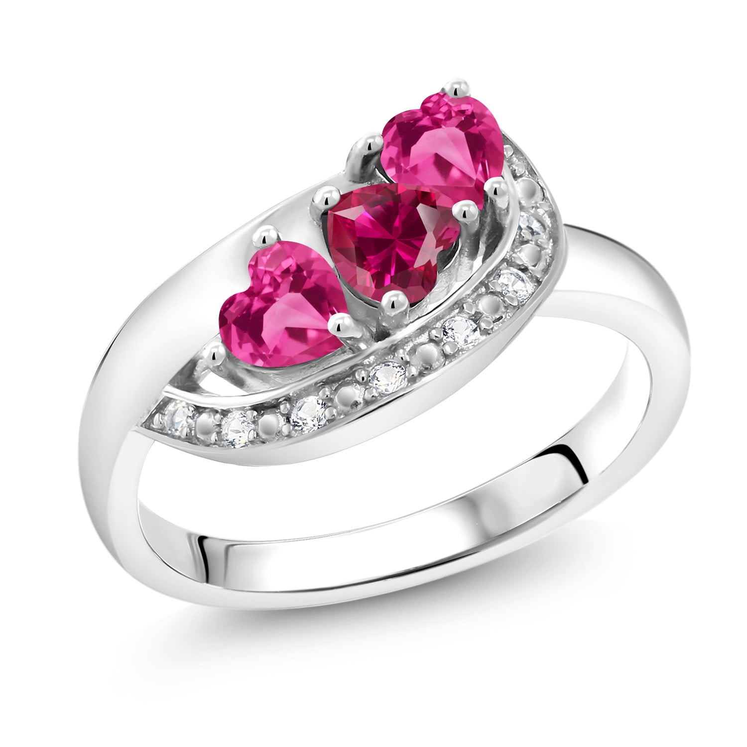 Gem Stone King 1.36 Cttw Red Created Ruby Pink Created Sapphire and White Created Sapphire Engagement Ring for Women | 925 Sterling Silver | Heart 4MM | Available in Size 5, 6, 7, 8, 9 | Size 7