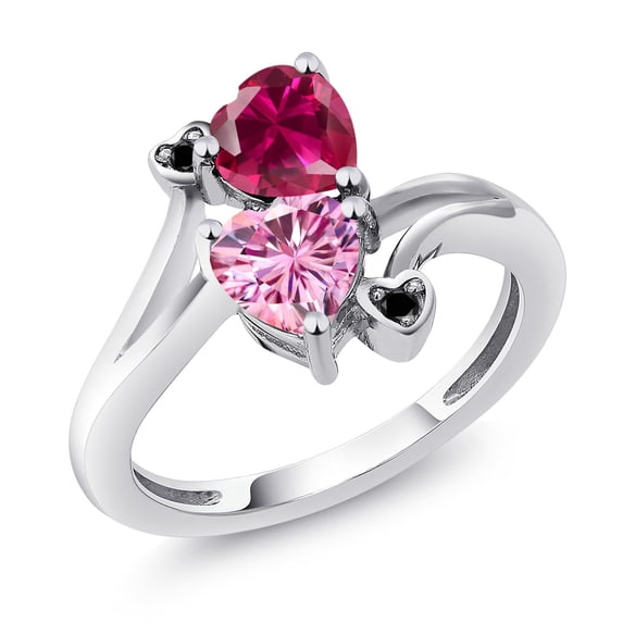 Gem Stone King 925 Sterling Silver Red Created Ruby Pink Moissanite and Black Diamond Ring for Women (1.80 Cttw, Heart Shape 6MM, Gemstone July Birthstone, Size 7)