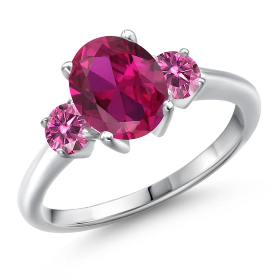 Gem Stone King 925 Sterling Silver Red Created Ruby and Pink Moissanite Engagement Ring for Women | 2.46 Cttw | Oval 9X7MM | Gemstone July Birthstone | Size 9