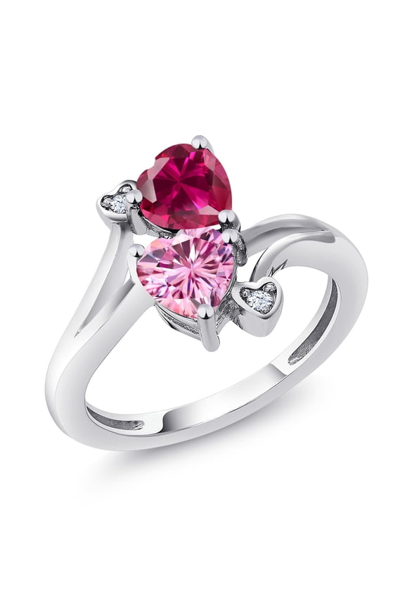 925 Sterling Silver Red Created Ruby Pink Moissanite Ring for Women (1.79 Cttw, Heart Shape 6MM, Gemstone July Birthstone, Size 7)
