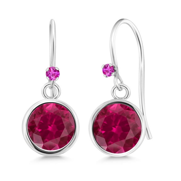 Gem Stone King 925 Sterling Silver Red Created Ruby Pink Sapphire 925 Sterling Silver Dangle Earrings for Women (2.02 cttw, Round 6MM)