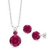 Gem Stone King 925 Sterling Silver Red Created Ruby and Pink Tourmaline Pendant and Earrings Jewelry Set For Women (7.25 Cttw, Round 10MM, Gemstone July Birthstone, with 18 inch Silver Chain)
