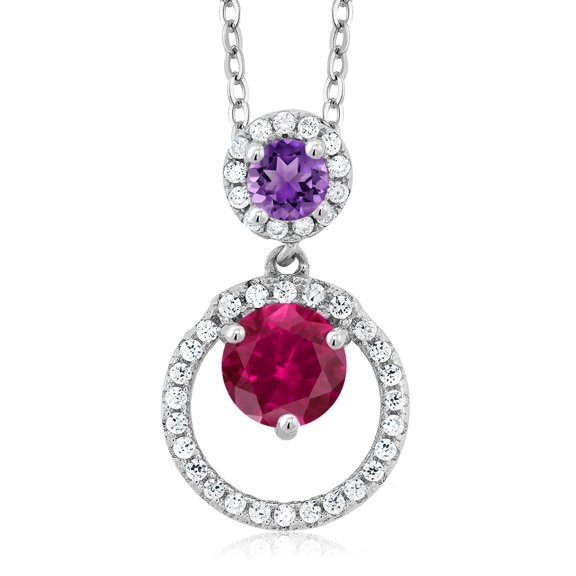 Gem Stone King 925 Sterling Silver Red Created Ruby and Purple Amethyst Pendant Necklace for Women (1.85 Cttw, Gemstone July Birthstone, Round 6MM and 4MM)