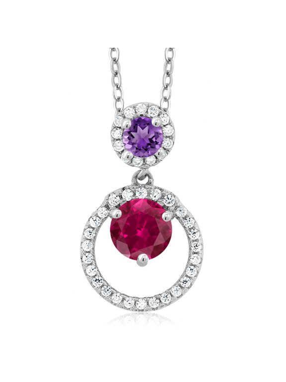 925 Sterling Silver Red Created Ruby and Purple Amethyst Pendant Necklace for Women (1.85 Cttw, Gemstone July Birthstone, Round 6MM and 4MM)