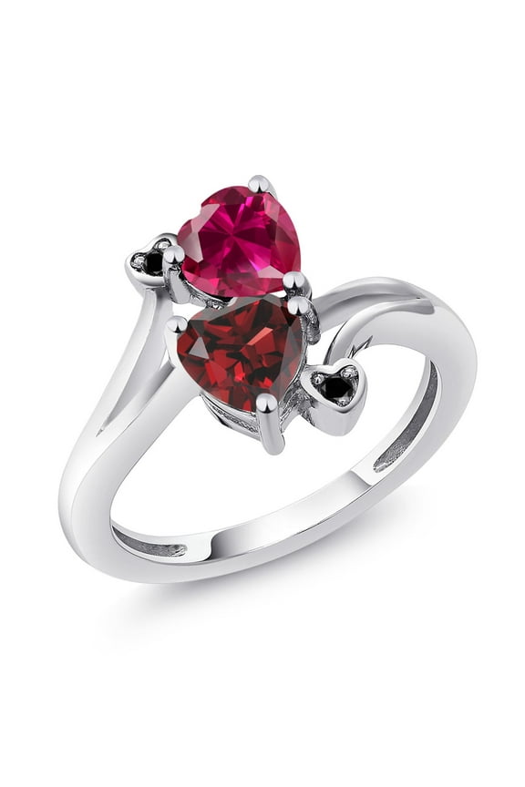 925 Sterling Silver Red Created Ruby Red Garnet and Black Diamond Ring for Women (1.90 Cttw, Heart Shape 6MM, Gemstone July Birthstone, Size 6)