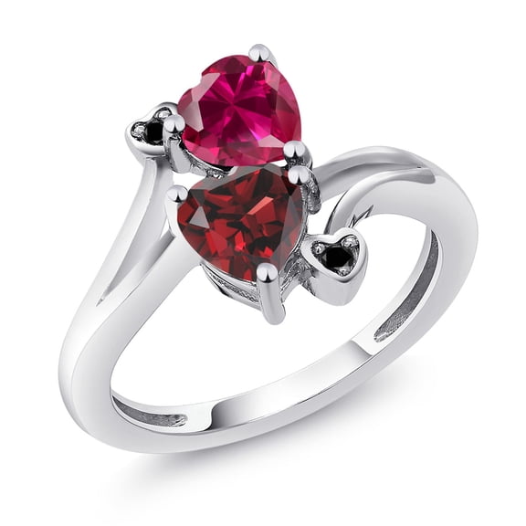 Gem Stone King 925 Sterling Silver Red Created Ruby Red Garnet and Black Diamond Ring for Women (1.90 Cttw, Heart Shape 6MM, Gemstone July Birthstone, Size 5)