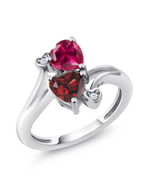 1.89 Cttw Red Created Ruby and Red Garnet Ring for Women | 925 Sterling Silver | Heart Shape 6MM | Gemstone July Birthstone | Wedding Engagement Anniversary Promise Ring | Size 6