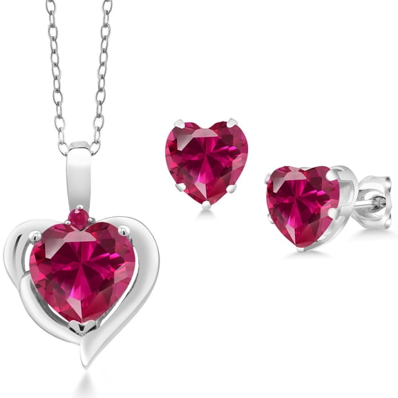 Gem Stone King 925 Sterling Silver Red Created Ruby and Red Ruby Pendant Necklace Earrings Set for Women (3.64 Cttw, Heart Shape 8MM and 6MM, with 18 inch Chain)
