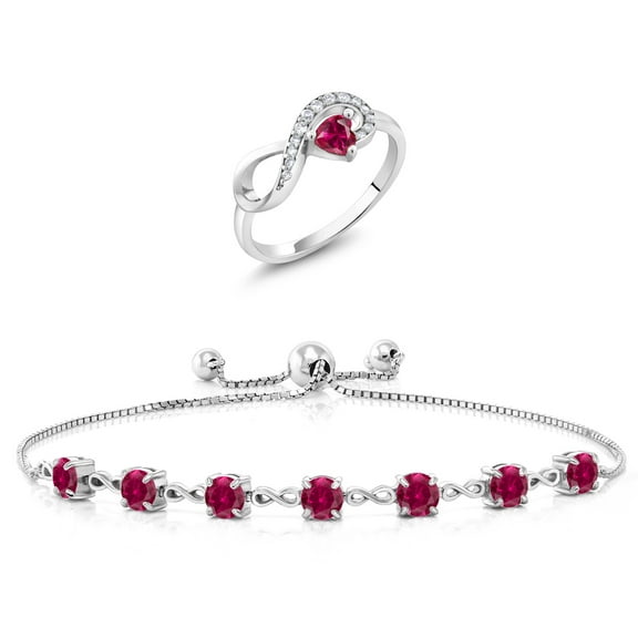 Gem Stone King 925 Sterling Silver Red Created Ruby Ring and Bracelet Jewelry Set for Women | 3.27 Cttw | Gemstone July Birthstone | Heart Shape 4MM | Round 4.5MM | Size 8