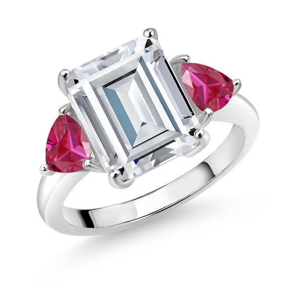 Gem Stone King 925 Sterling Silver Red Created Ruby Ring Set with Moissanite (8.24 Cttw)