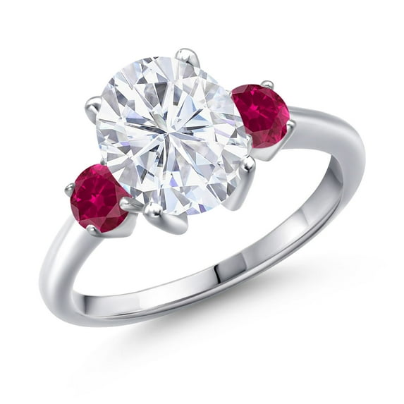 Gem Stone King 925 Sterling Silver Red Created Ruby Ring Set with Oval Moissanite (3.50 Cttw)