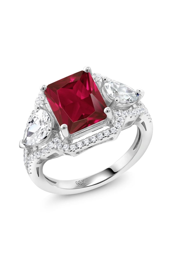 925 Sterling Silver Red Created Ruby Ring for Women (4.59 Cttw, Emerald Cut 10X8MM, Gemstone July Birthstone, Size 8)