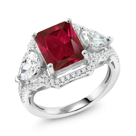 Gem Stone King 4.59 Cttw Red Created Ruby Ring for Women | 925 Sterling Silver | Emerald Cut 10X8MM | Gemstone Birthstone | Three Stone Wedding Engagement Anniversary Promise Ring | Size 8
