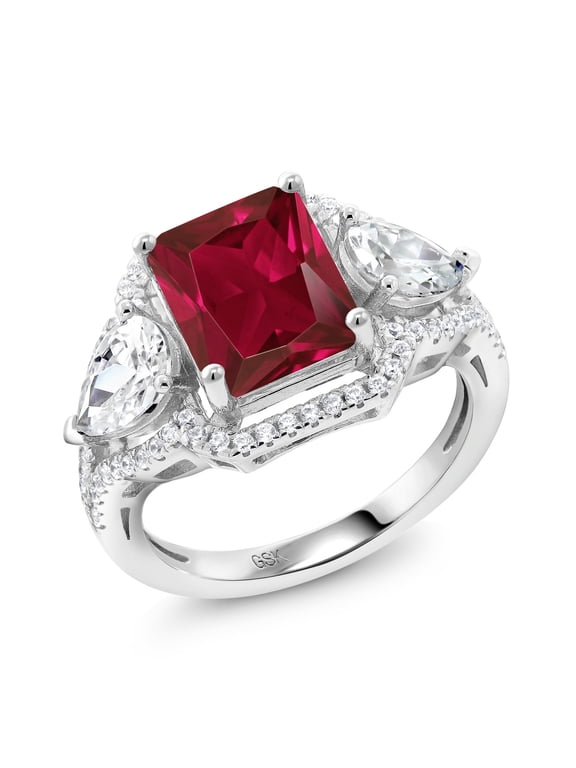 4.59 Cttw Red Created Ruby 3-Stone Ring for Women
