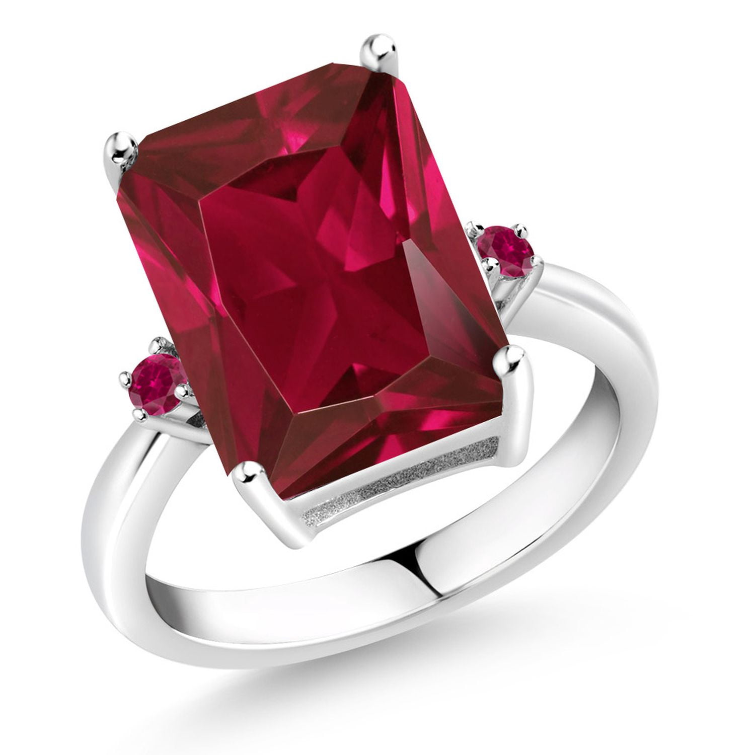 Gem Stone King 5.10 Cttw Red Created Ruby Ring for Women | 925 Sterling Silver | Emerald Cut 14X10MM | Gemstone July Birthstone | Wedding Engagement Anniversary Promise Ring for Women| Size 7
