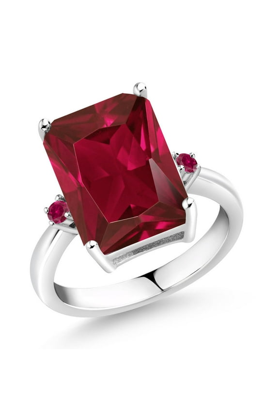 5.10 Cttw Red Created Ruby Ring for Women | 925 Sterling Silver | Emerald Cut 14X10MM | Gemstone July Birthstone | Wedding Engagement Anniversary Promise Ring for Women| Size 8