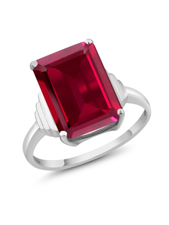 925 Sterling Silver Red Created Ruby Ring for Women (8.00 Cttw, Emerald Cut 14X10MM, Gemstone July Birthstone, Available in Size 5, 6, 7, 8, 9)