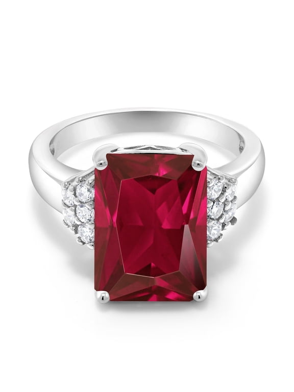 925 Sterling Silver Red Created Ruby Ring for Women (8.30 Cttw, Gemstone July Birthstone, Emerald Cut 14X10MM, Available in Size 5, 6, 7, 8, 9)