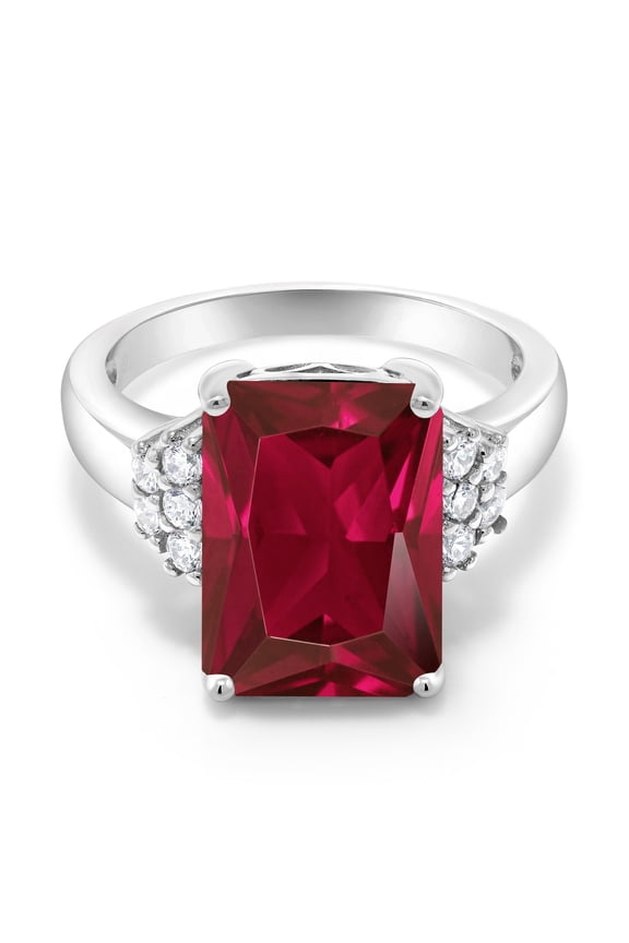 925 Sterling Silver Red Created Ruby Ring for Women (8.30 Cttw, Gemstone July Birthstone, Emerald Cut 14X10MM, Available in Size 5, 6, 7, 8, 9)