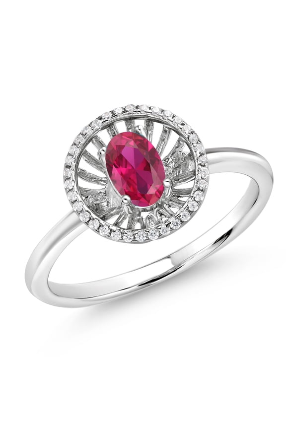 925 Sterling Silver Red Created Ruby Ring for Women (0.98 Cttw, Oval 6X4MM, Gemstone July Birthstone, Size 7)