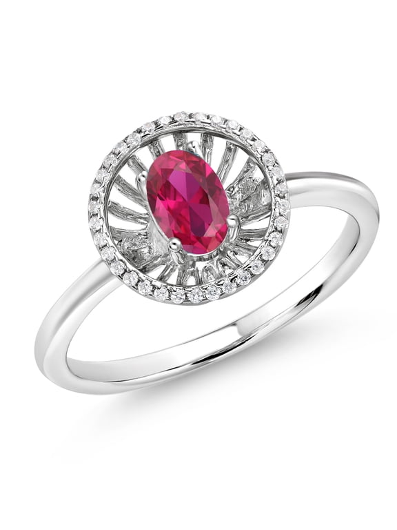 925 Sterling Silver Red Created Ruby Ring for Women (0.98 Cttw, Oval 6X4MM, Gemstone July Birthstone, Size 9)