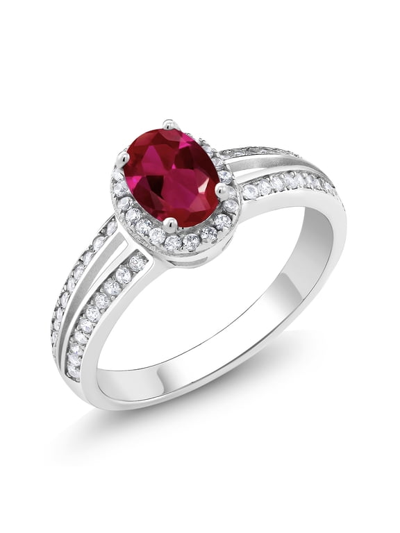 925 Sterling Silver Red Created Ruby Ring for Women (1.10 Cttw, Oval 7X5MM, Available in Size 5, 6, 7, 8, 9)