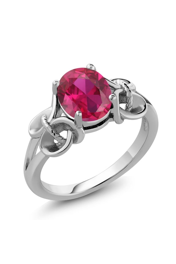 925 Sterling Silver Red Created Ruby Ring for Women (2.00 Cttw, 9X7MM Oval, Available in Size 5,6,7,8,9)