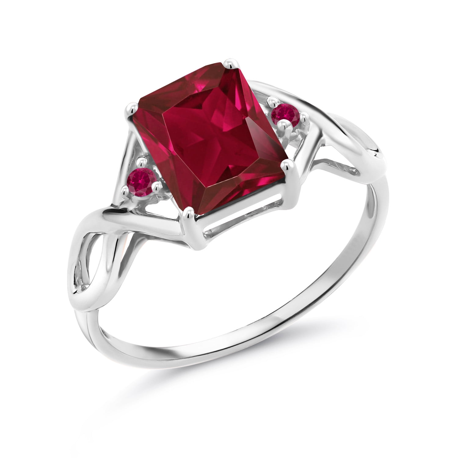 Gem Stone King 2.83 Cttw Red Created Ruby Ring for Women | 925 Sterling Silver | Emerald Cut 9X7MM | Three Stone Wedding Engagement Anniversary Promise Ring for Women | Size 6