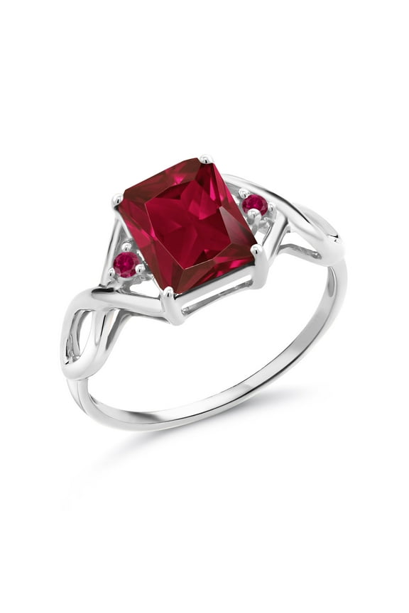 2.83 Cttw Red Created Ruby Ring for Women | 925 Sterling Silver | Emerald Cut 9X7MM | Three Stone Wedding Engagement Anniversary Promise Ring for Women | Size 6