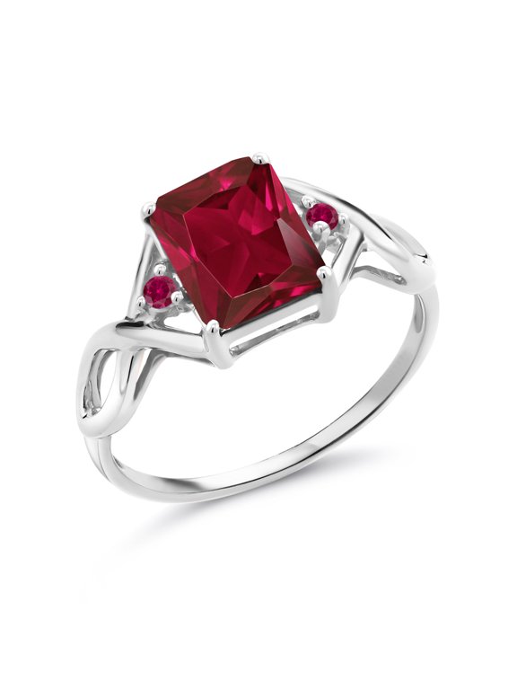 2.83 Cttw Red Created Ruby Ring for Women | 925 Sterling Silver | Emerald Cut 9X7MM | Three Stone Wedding Engagement Anniversary Promise Ring for Women | Size 6