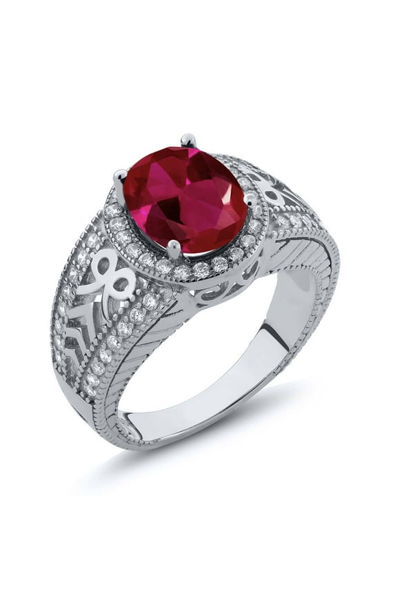925 Sterling Silver Red Created Ruby Ring for Women (3.99 Cttw, Gemstone July Birthstone, Oval 10X8MM, Size 5)