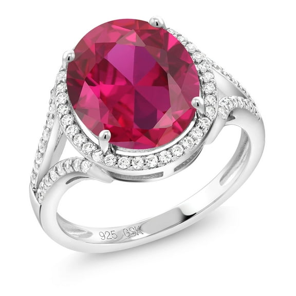 Gem Stone King 925 Sterling Silver Red Created Ruby Ring for Women (5.82 Cttw, Oval 12X10MM, Available in Size 5,6,7,8,9)