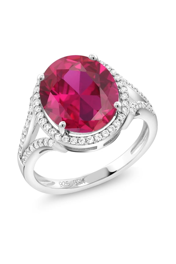 925 Sterling Silver Red Created Ruby Ring for Women (5.82 Cttw, Oval 12X10MM, Available in Size 5,6,7,8,9)