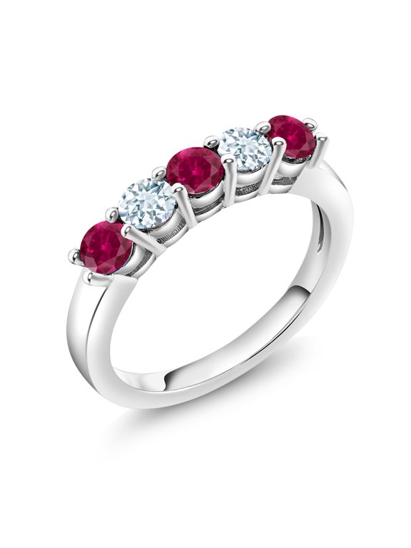 1.09 Cttw Red Created Ruby and Sky Blue Aquamarine 5-Stone Wedding Anniversary Band Ring for Women | 925 Sterling Silver | Gemstone Birthstone | Size 8