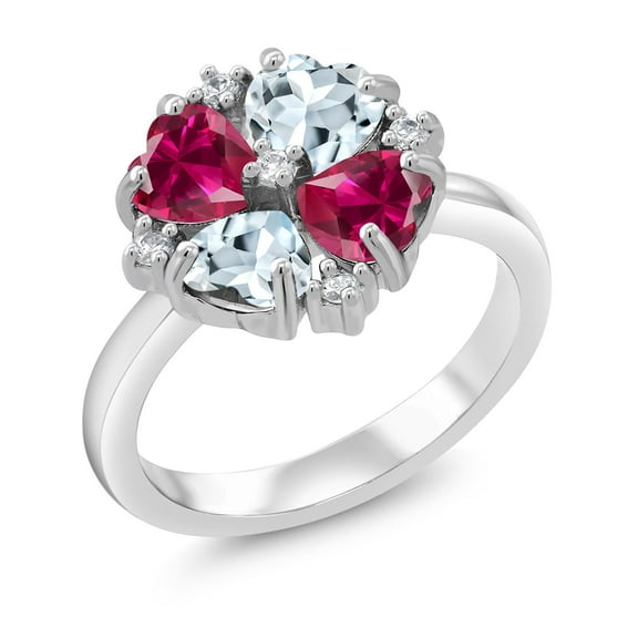 Gem Stone King 925 Sterling Silver Red Created Ruby and Sky Blue Aquamarine Ring for Women (2.04 Cttw, Heart Shape 5MM, Gemstone July Birthstone, Size 8)