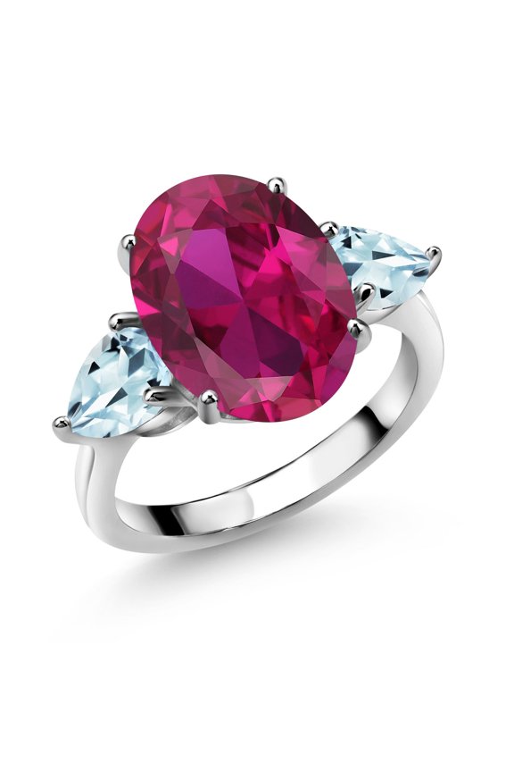 925 Sterling Silver Red Created Ruby and Sky Blue Aquamarine Ring for Women (4.30 Cttw, 14X10MM Oval and 7X5MM Pear Shape, Gemstone July Birthstone, Size 8)