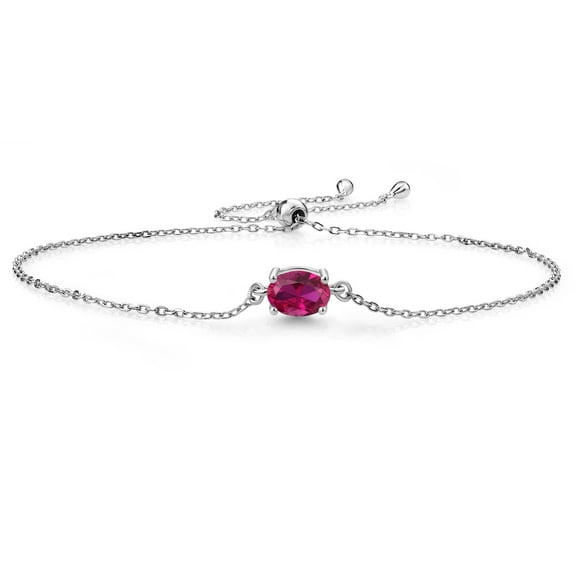 Gem Stone King 925 Sterling Silver Red Created Ruby Solitaire Bracelet for Women (0.85 Cttw, Oval Cut 7x5mm)