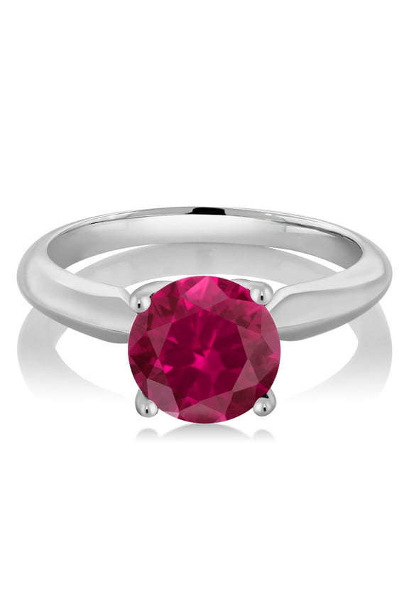 925 Sterling Silver Red Created Ruby Solitaire Engagement Ring for Women (1.55 Cttw, Round 7MM, Gemstone July Birthstone, Available in Size 5, 6, 7, 8, 9)