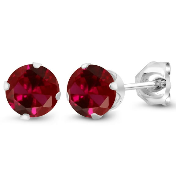 Gem Stone King 925 Sterling Silver Red Created Ruby Stud Earrings for Women Men | 1.20 Cttw | Round 5MM