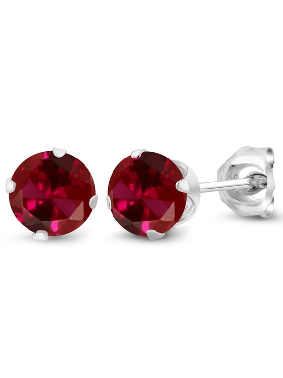 925 Sterling Silver Red Created Ruby Stud Earrings for Women Men | 1.20 Cttw | Round 5MM