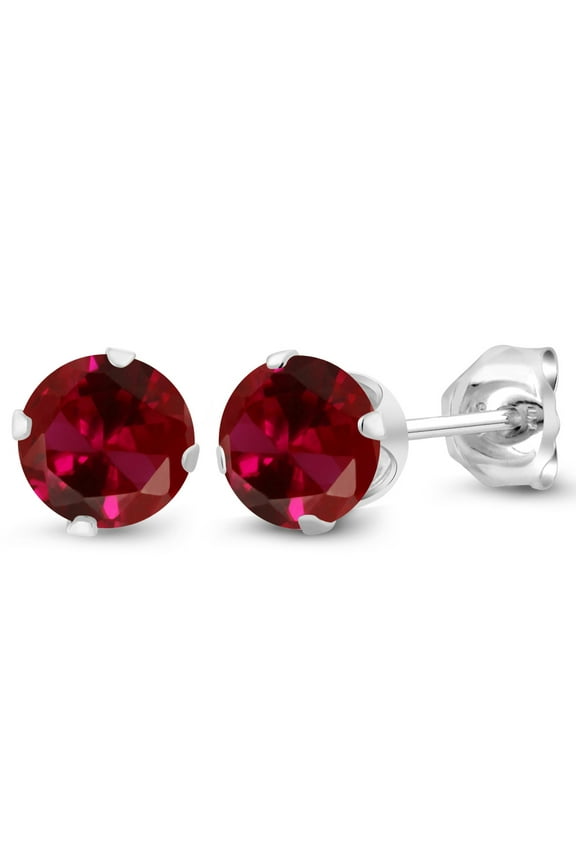 925 Sterling Silver Red Created Ruby Stud Earrings for Women Men | 1.20 Cttw | Round 5MM