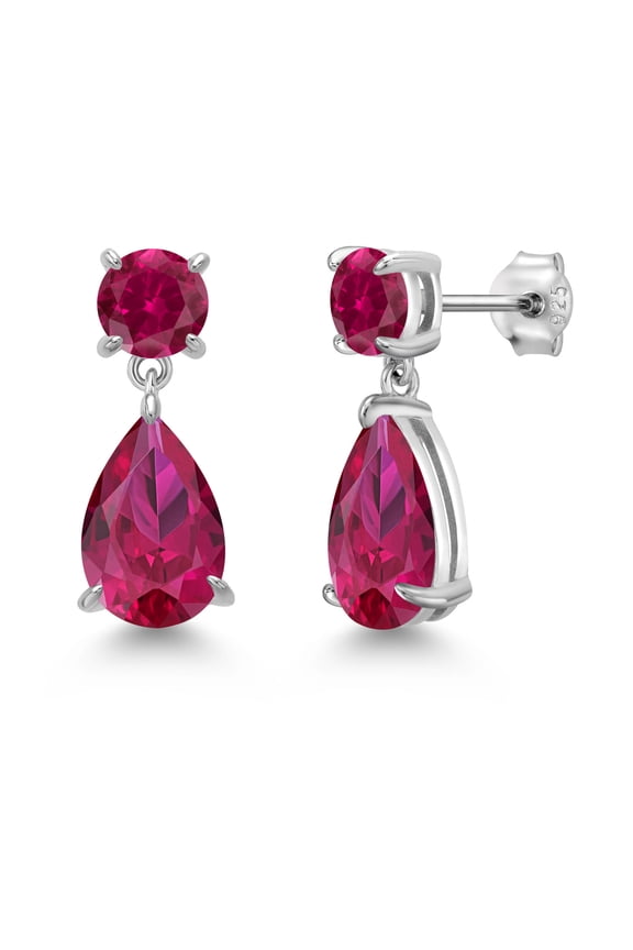 925 Sterling Silver Red Created Ruby Teardrop Dangle Drop Earrings for Women (8.96 Cttw, Gemstone Birthstone, Pear Shape 12x8MM, Round 6MM)