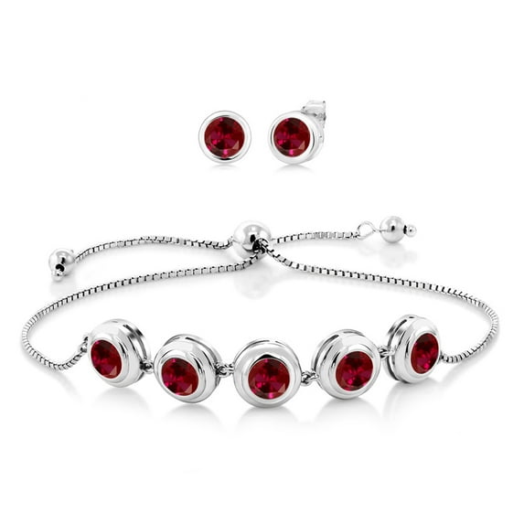 Gem Stone King 925 Sterling Silver Red Created Ruby Tennis Bracelet Earrings Set for Women (7.00 Cttw, Round 6MM, Fully Adjustable up to 9 inch)
