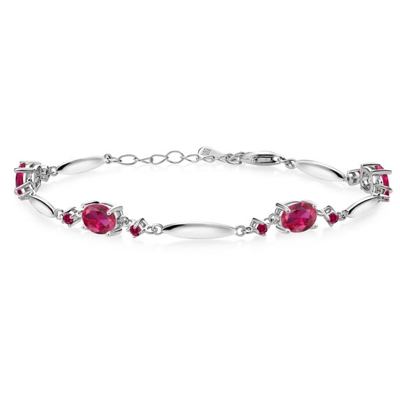 Gem Stone King 925 Sterling Silver Red Created Ruby Tennis Bracelet for Women | 4.40 Cttw | Gemstone July Birthstone | Oval 7X5MM | 6 inch + 1 inch Extender