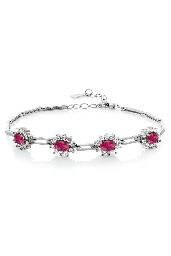 925 Sterling Silver Red Created Ruby Tennis Bracelet for Women (4.00 Cttw, Oval 6X4MM, 7 inch with 1 inch Extender)