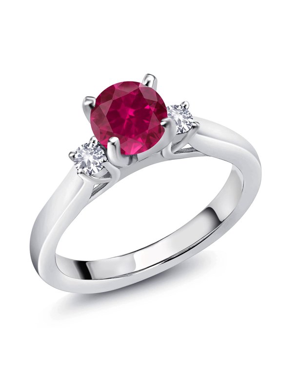 925 Sterling Silver Red Created Ruby and White Created Sapphire 3-Stone Engagement Ring for Women (1.10 Cttw, Round 6MM, Gemstone July Birthstone, Size 6)