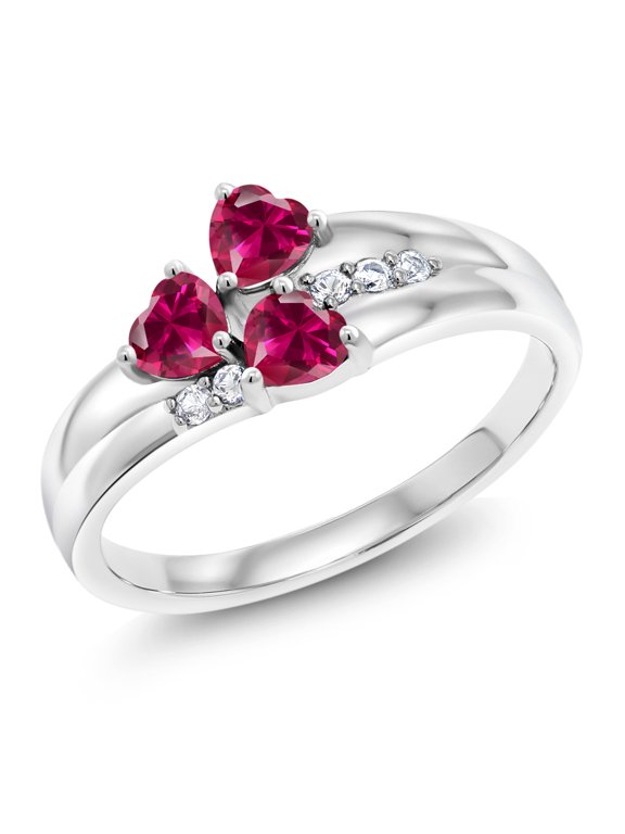 925 Sterling Silver Red Created Ruby and White Created Sapphire 3-Stone Ring for Women (0.98 Cttw, Heart Shape 4MM, Gemstone July Birthstone, Size 8)