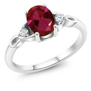 GEM STONE KING 925 Sterling Silver Red Created Ruby and White Created Sapphire 3-Stone Rings for Women (1.58 Cttw, Gemstone July Birthstone, Oval 8X6MM, Available in Size 5, 6, 7, 8, 9)