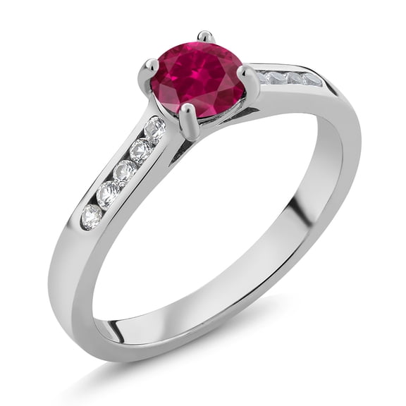 Gem Stone King 925 Sterling Silver Red Created Ruby and White Created Sapphire Engagement Ring for Women | 0.70 Cttw | Round 5MM | Gemstone July Birthstone | Size 9
